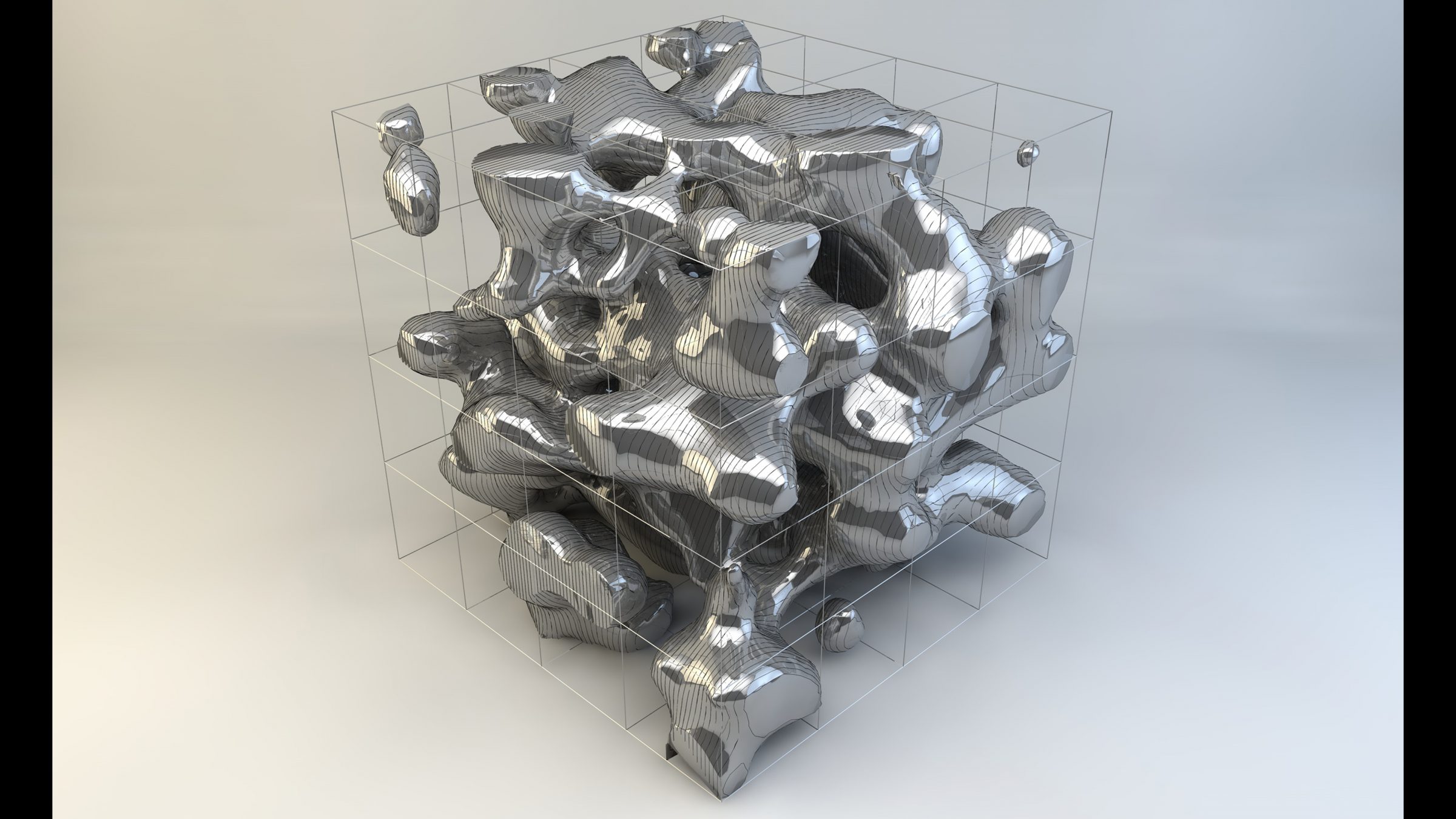 Abstract silver metal form suspended within a transparent wireframe cube against a bright, gradient background, appearing modern and sculptural.