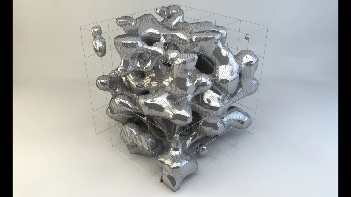 Abstract silver metal form suspended within a transparent wireframe cube against a bright, gradient background, appearing modern and sculptural.