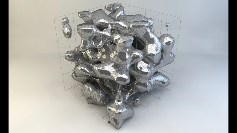 Abstract silver metal form suspended within a transparent wireframe cube against a bright, gradient background, appearing modern and sculptural.