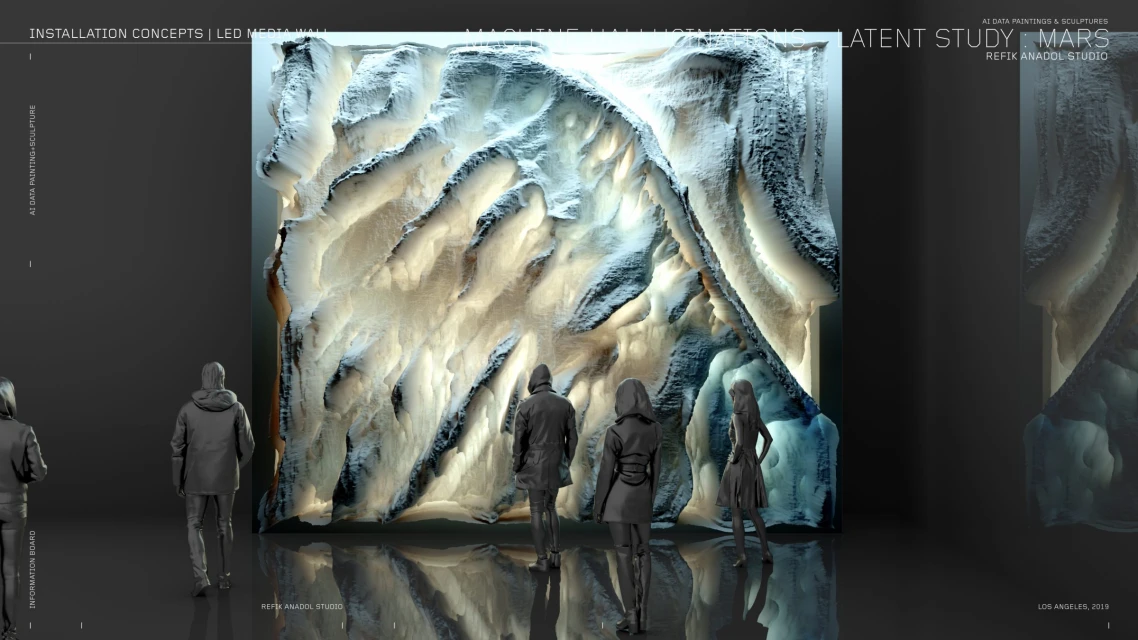 People viewing a large-scale, glowing AI data sculpture installation resembling a mountain range with textured surfaces and cool-toned lighting.