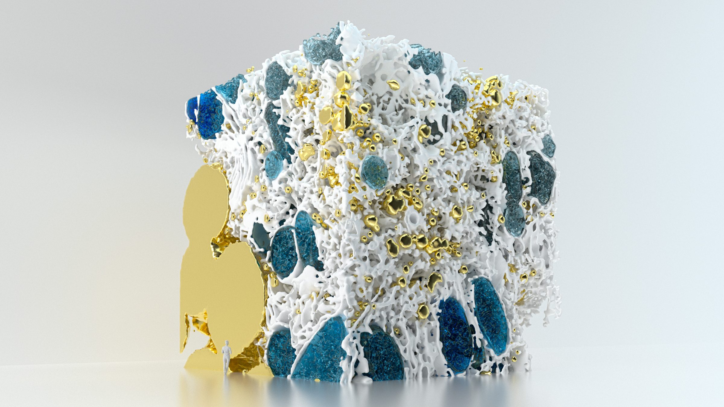 Abstract CGI artwork featuring a cube shape covered in a porous, organic-looking white material with blue and gold accents on a neutral background.