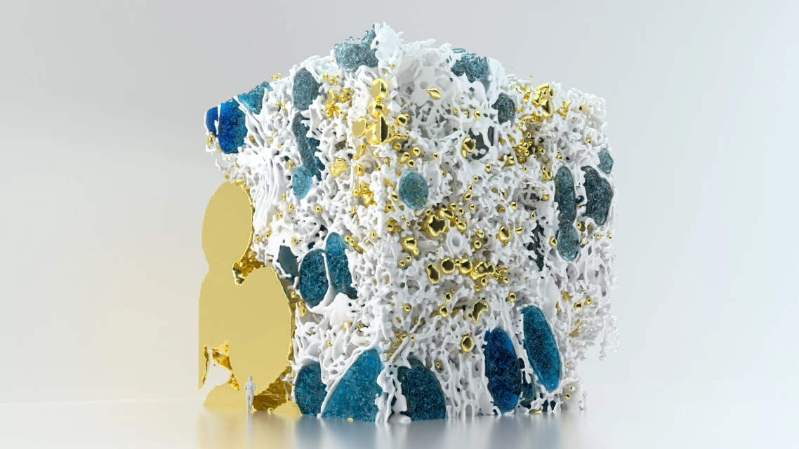 Abstract CGI artwork featuring a cube shape covered in a porous, organic-looking white material with blue and gold accents on a neutral background.