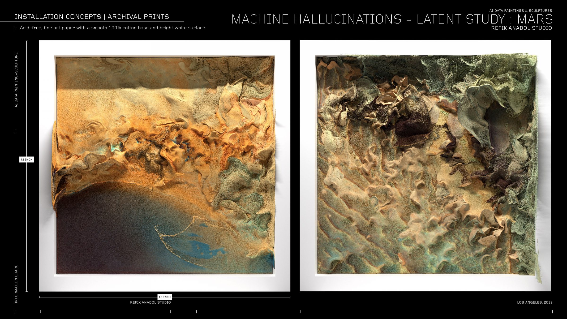 Abstract art installation featuring framed textural paintings in earth tones with hints of blue and green, presented against a dark background.