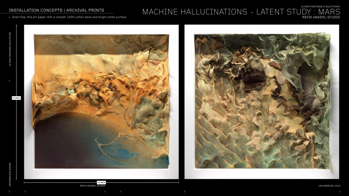 Abstract art installation featuring framed textural paintings in earth tones with hints of blue and green, presented against a dark background.