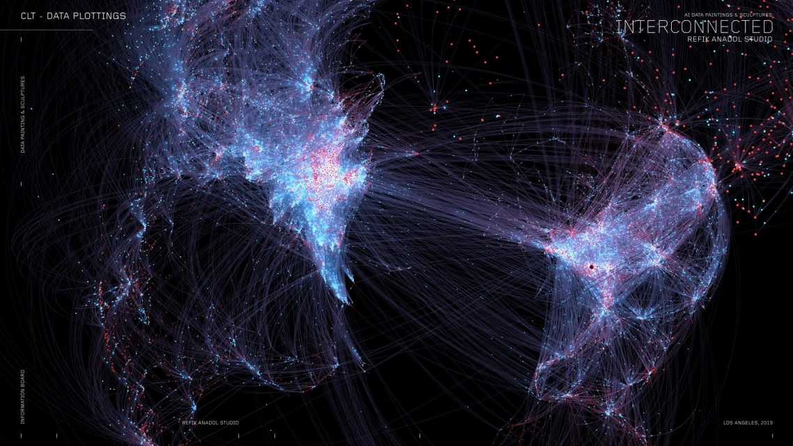 Abstract data visualization resembling interconnected networks in blue and red hues against a dark background, reminiscent of a world map.