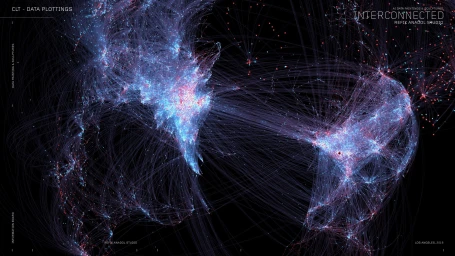 Digital data visualisation artwork by Refik Anadol showing complex interconnected blue and red glowing network graphs against a black background.
