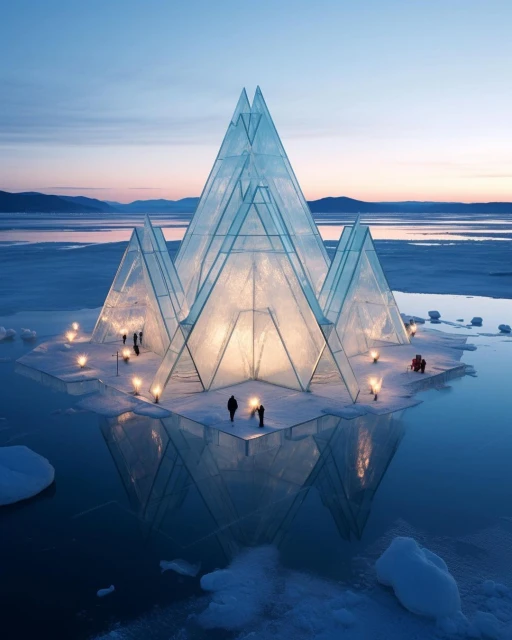 Architectural structure resembling ice formations on a body of water at dusk, featuring illuminated entryways and several people nearby.