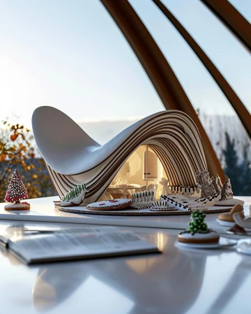 Architectural model with a unique curved design, featuring intricate details and festive cookie decorations, set against a scenic winter backdrop.