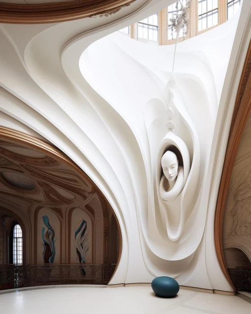 Interior view of a modern, luxurious building featuring a white sculpture of a human head, flowing architecture, and marble accents.