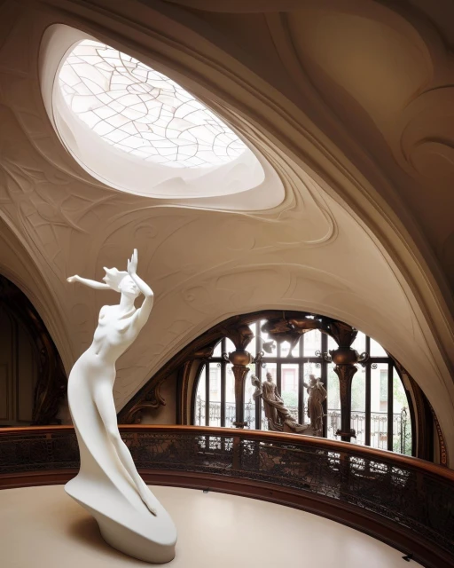 Elegant interior view featuring a striking white statue under a patterned skylight, with ornate architecture and figures in the background.