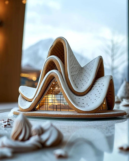 Gingerbread house sits on a table in front of a window with a blurred mountain background, covered in white icing.