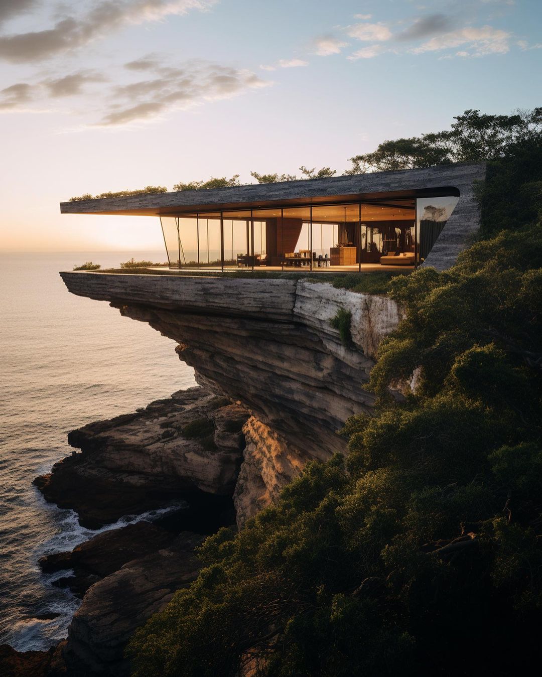 Oceanfront house perched on a cliff with floor-to-ceiling windows overlooking the sea under a cloudy sky during golden hour.