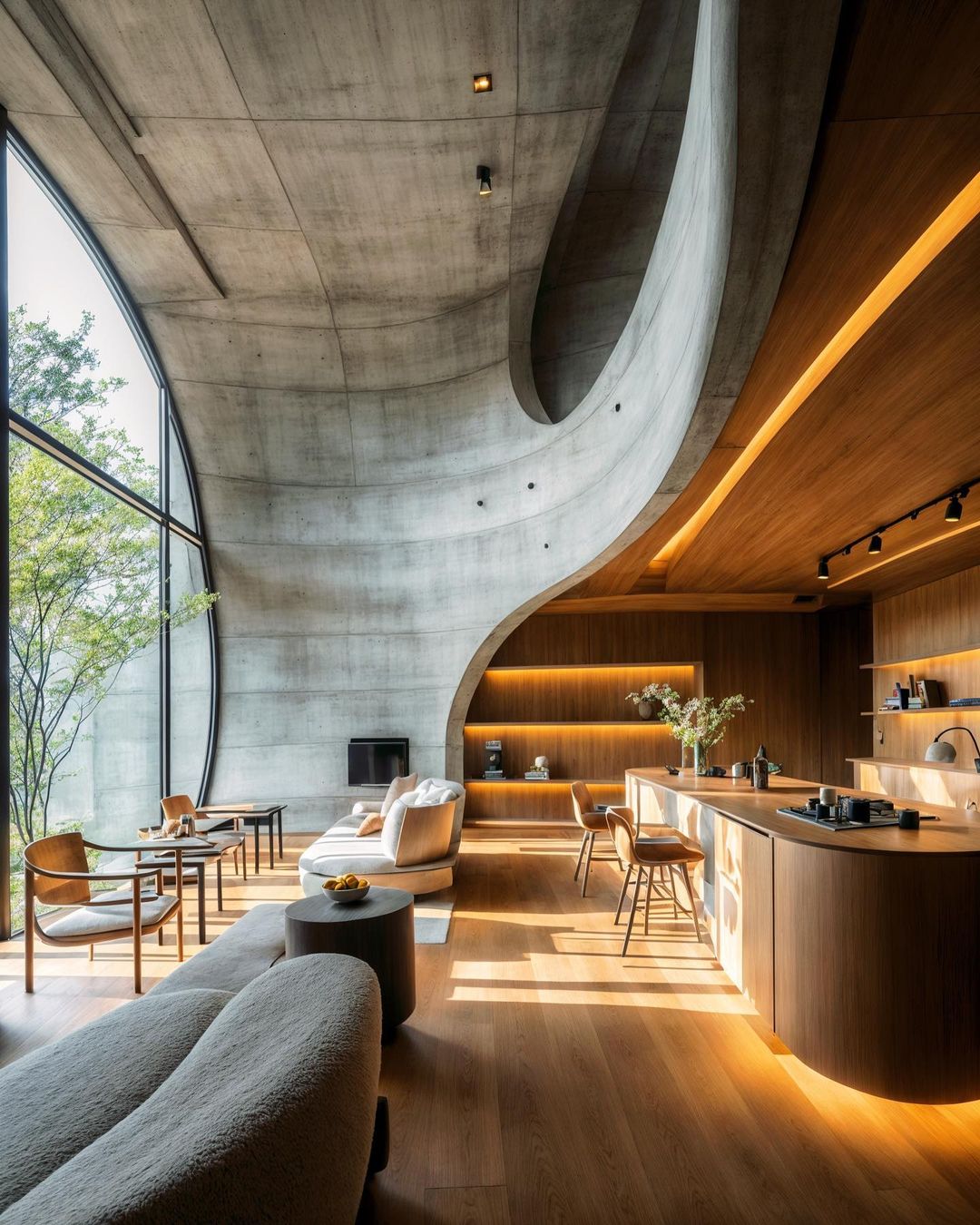 An airy, modern home interior featuring an open floor plan with a gray concrete wall and a wood kitchen island under warm ambient lighting.