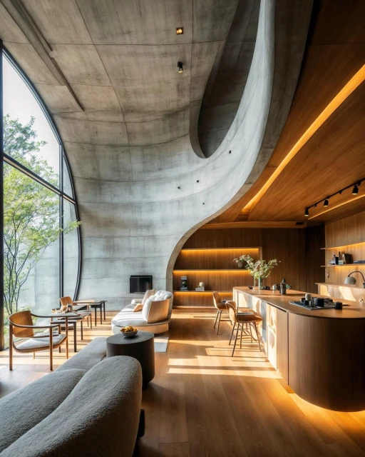 An airy, modern home interior featuring an open floor plan with a gray concrete wall and a wood kitchen island under warm ambient lighting.