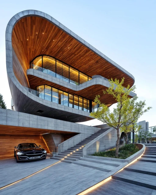 Exterior of a modern home featuring a curved concrete design, wood ceilings, large windows, a black sports car in the driveway, and landscaping.
