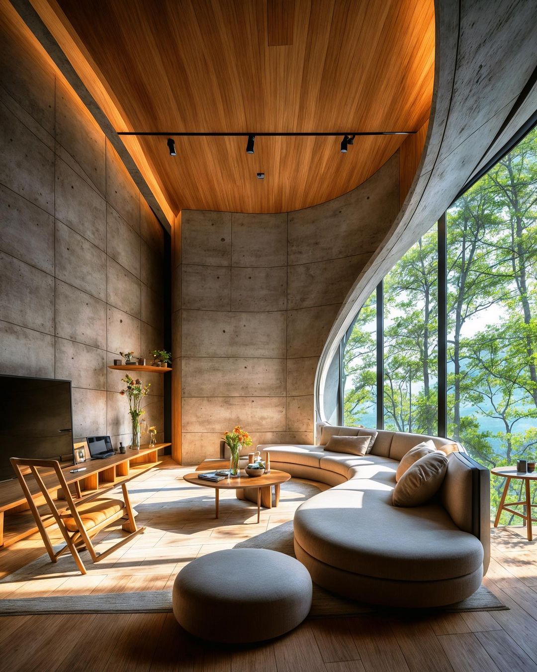 Modern living room interior featuring a curved sofa, wood accents, concrete wall, and large windows overlooking a lush green forest.