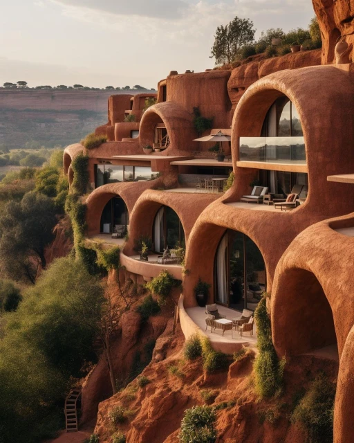 Exterior view of a unique multi-level dwelling built into a cliffside with cave-like openings and outdoor terraces, with natural landscaping.