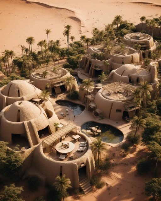 High-angle view of an eco-friendly desert resort featuring dome-shaped buildings, palm trees, and swimming pools in a sandy landscape.