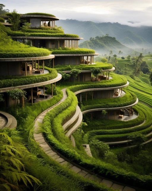 Green-covered tiered building on a hillside in a lush, mountainous landscape with terraced rice paddies and winding stone pathways.