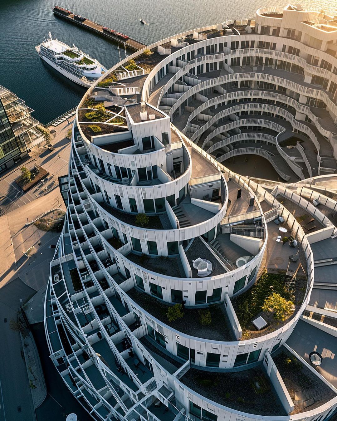 Aerial view of the distinctive white spiral-shaped apartment building in Copenhagen, Denmark, next to the water with a boat docked nearby.