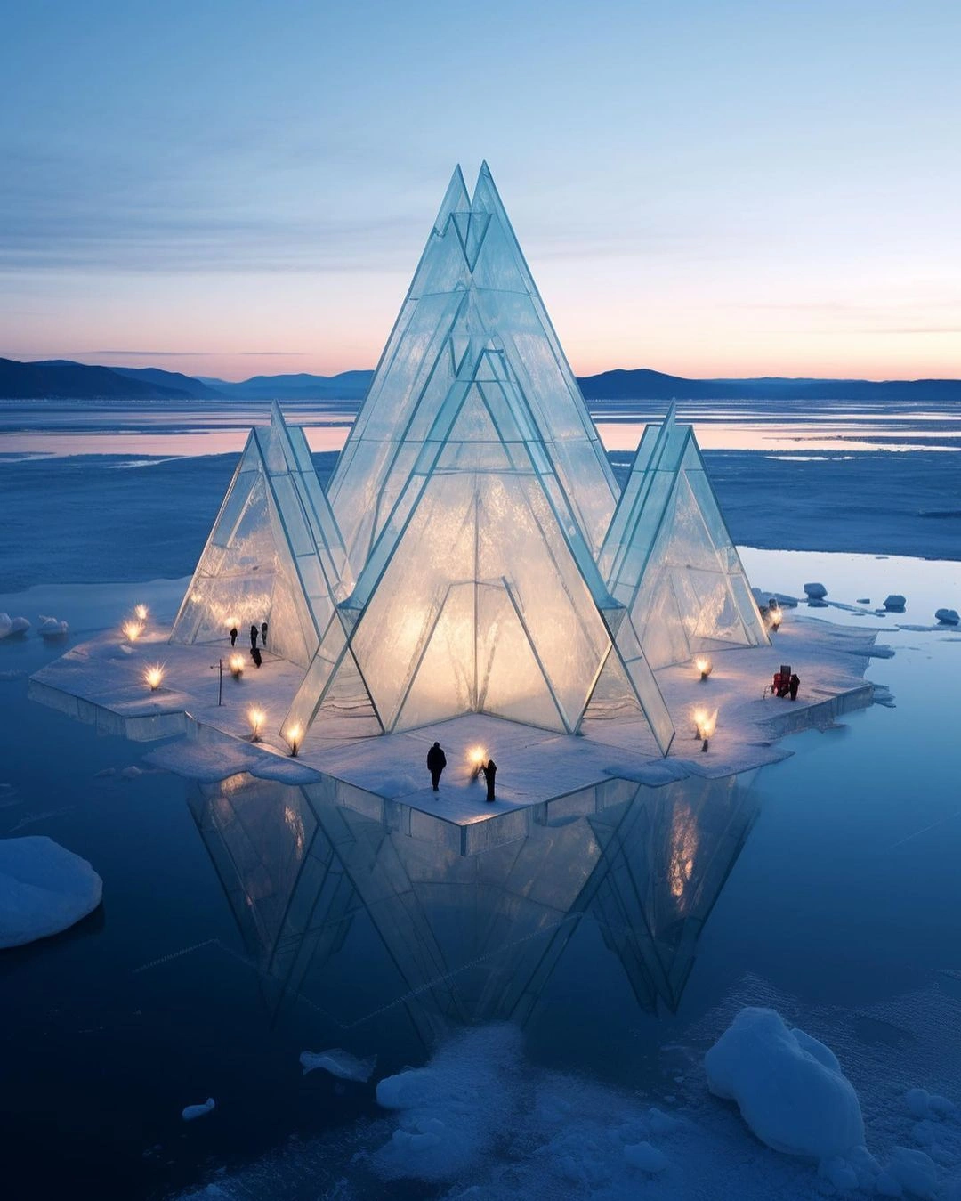A futuristic glass crystal pavilion floats on an icy body of water during twilight, illuminated from within.