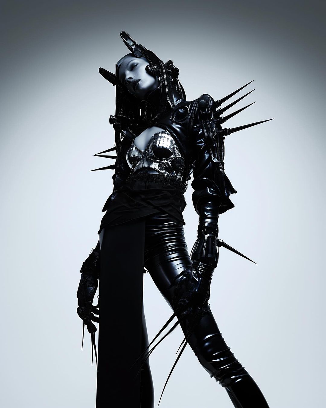 An artistic studio shot features a person in black armor, including a headpiece and shoulder spikes, against a white backdrop.