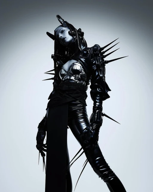An artistic studio shot features a person in black armor, including a headpiece and shoulder spikes, against a white backdrop.