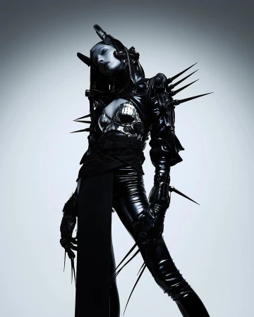 An artistic studio shot features a person in black armor, including a headpiece and shoulder spikes, against a white backdrop.