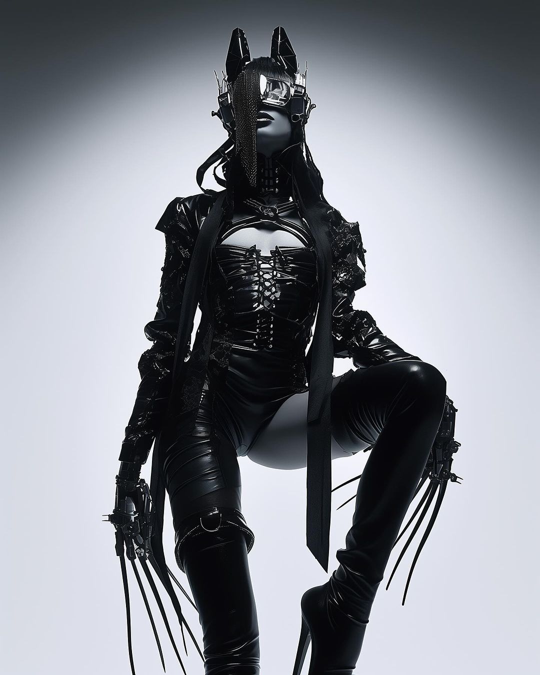 Woman in futuristic black latex cat costume with platform heels striking a fierce pose against a gradient grey background in a fashion shoot.