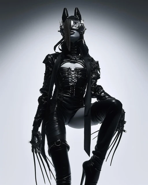 Woman in futuristic black latex cat costume with platform heels striking a fierce pose against a gradient grey background in a fashion shoot.