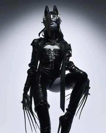 Woman in futuristic black latex cat costume with platform heels striking a fierce pose against a gradient grey background in a fashion shoot.