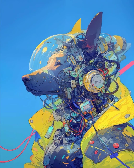 AI-generated futuristic portrait of a dog with robotic enhancements and a clear helmet against a bright blue sky background in an illustration.