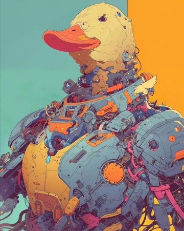 Illustration of a duck-headed robot with a mechanical body and wings, set against a split teal and orange background.