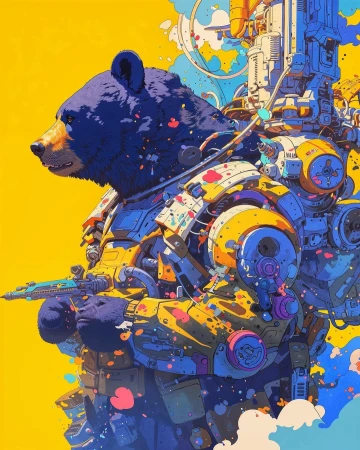 Illustration of a bear wearing futuristic armor and holding a weapon against a bright yellow background with abstract details.