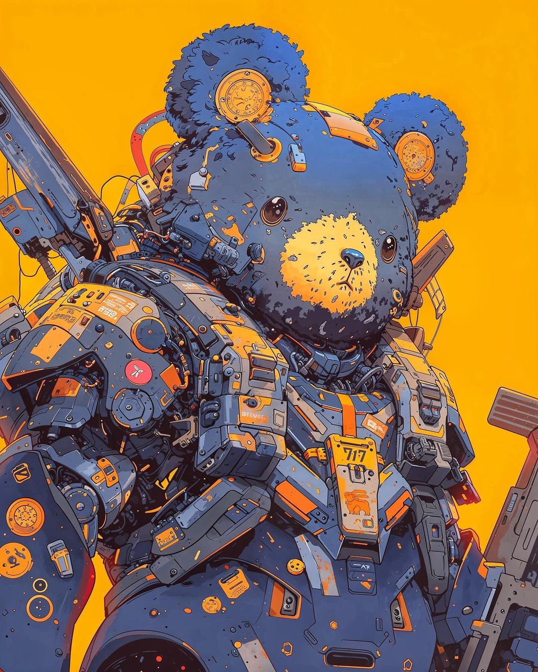 Illustration of a robotic teddy bear character with blue fur, wearing protective armor and holding a weapon against a yellow background.