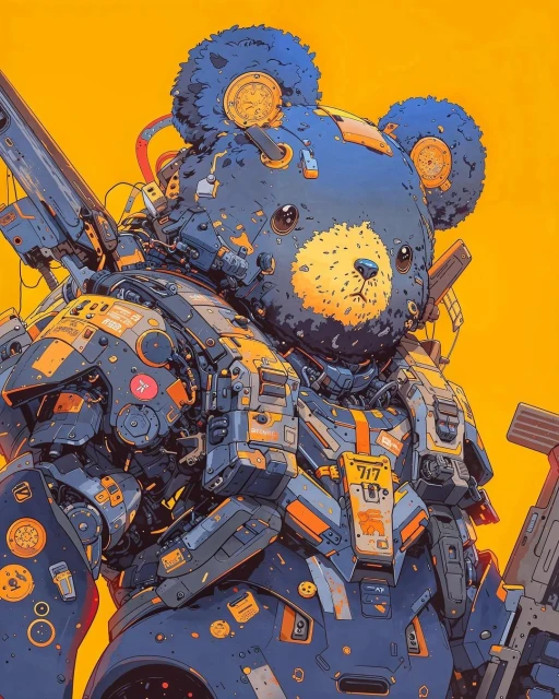 Illustration of a robotic teddy bear character with blue fur, wearing protective armor and holding a weapon against a yellow background.