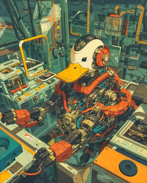 Illustration of a mechanical duck wearing a headset surrounded by machinery, pipes, and monitors inside a futuristic industrial interior.