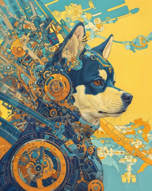 Illustration of a dog portrait with a black and tan coat, adorned with intricate mechanical and steampunk-style elements, set against a yellow backdrop.