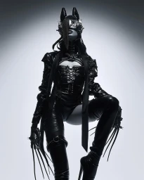 A person in shiny black latex and cat-ear headpiece posing dramatically against a white background