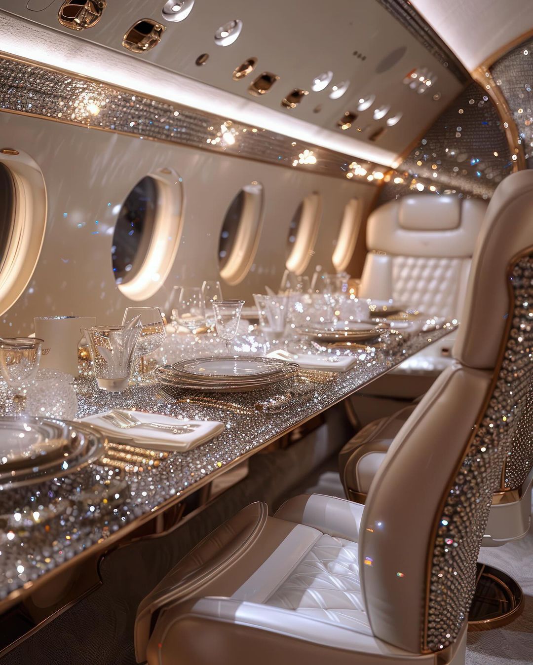 Luxurious airplane interior featuring a crystal-embellished table setting with fine china, glassware, and seating, suggesting opulence and high-end travel.