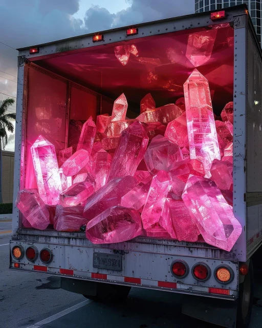 Truck bed filled with a large quantity of pink quartz crystals. City building and cloudy sky are visible in the background.