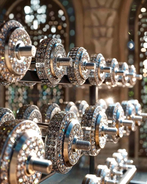 Close-up of diamond-encrusted dumbbells on a rack, showcasing luxury fitness equipment and intricate details.