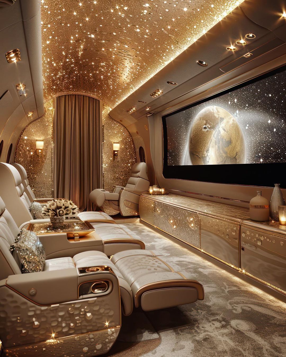 Luxurious private jet interior featuring plush seating, a large screen displaying Earth, and a ceiling illuminated with star-like lights.