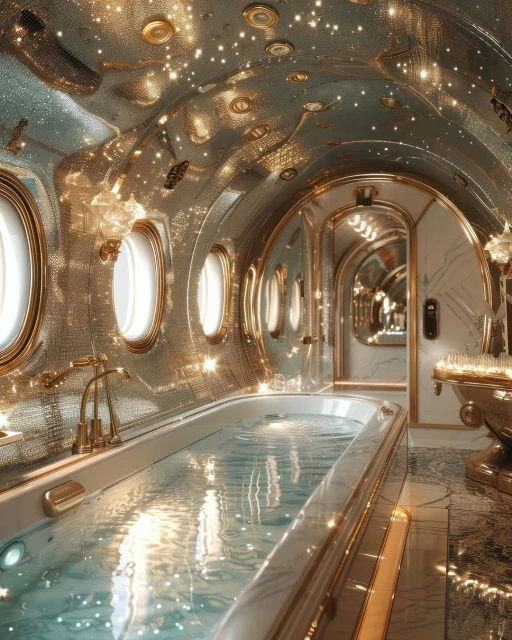 Opulent bathroom featuring a bathtub with sparkling water, gold fixtures, shimmering walls, and porthole windows, creating a luxurious interior.