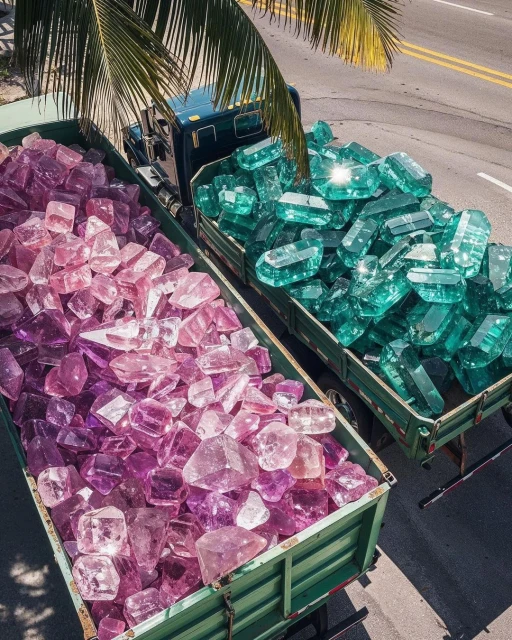 Aerial shot of two trucks, one loaded with pink crystal rocks, the other with green, showcasing gem transport and a tropical highway.