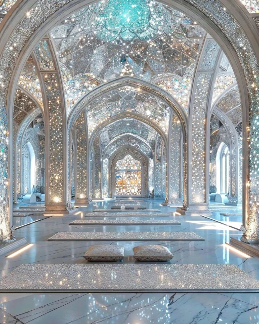 Elaborately decorated hall with white marble floors and arched ceilings covered in intricate mirrorwork creating a sparkling effect.