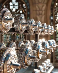 Close-up of a rack of luxury dumbbells encrusted with sparkling rhinestones or diamonds in an ornate interior setting.