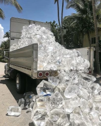 A truck bed overflowing with large chunks of clear ice spilling out onto a sunny street lined with palm trees.