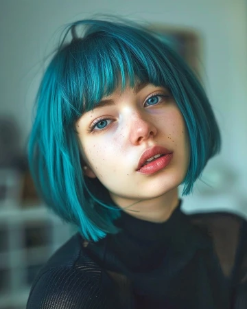 Portrait of a young woman with vibrant teal bobbed hair and striking blue eyes wearing a black top.