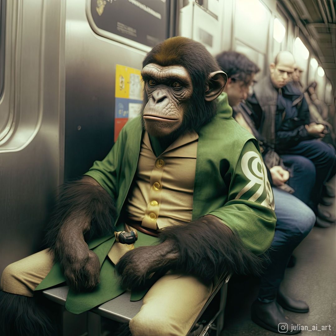 Chimpanzee in a suit sits on a subway train among human passengers, creating a humorous and surreal scene in public transit.